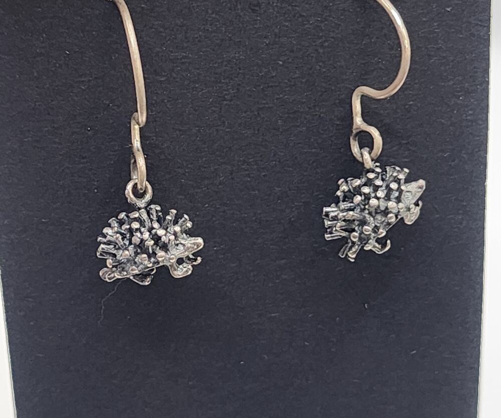 Sterling Silver Spiked Hedgehog Porcupine 3D Drop Hook Earrings Cute Vintage